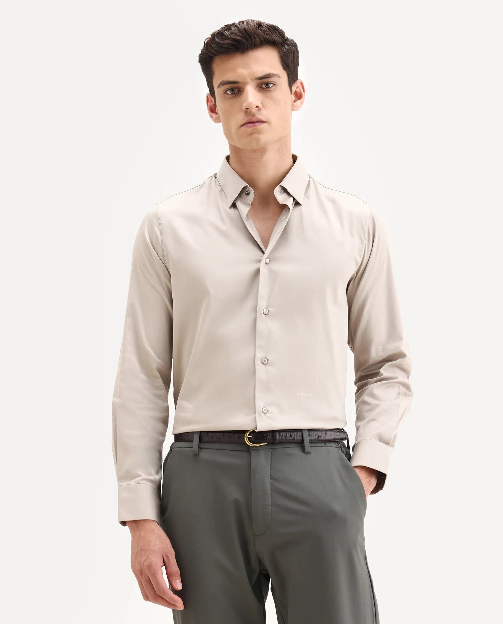 Rare Rabbit Men's Como-25 Light Beige Cotton Blend Plain Regular Fit Full Sleeve Collared Shirt - Image 4