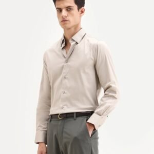 Rare Rabbit Men's Como-25 Light Beige Cotton Blend Plain Regular Fit Full Sleeve Collared Shirt