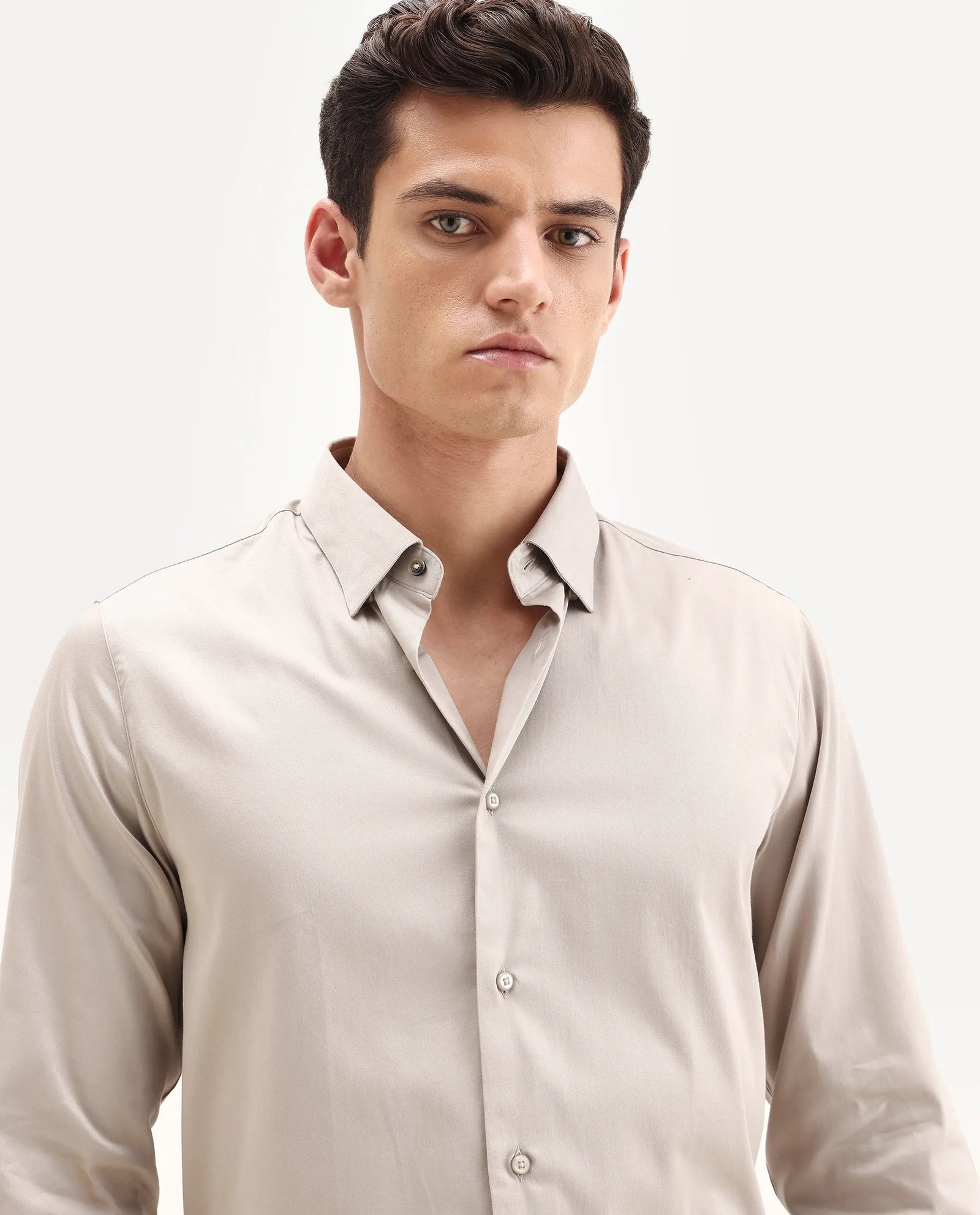 Rare Rabbit Men's Como-25 Light Beige Cotton Blend Plain Regular Fit Full Sleeve Collared Shirt - Image 3