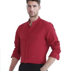 Rare Rabbit Men's Crinkle-25 Red Plain Regular Fit Full Sleeve Mandarin Collar Shirt