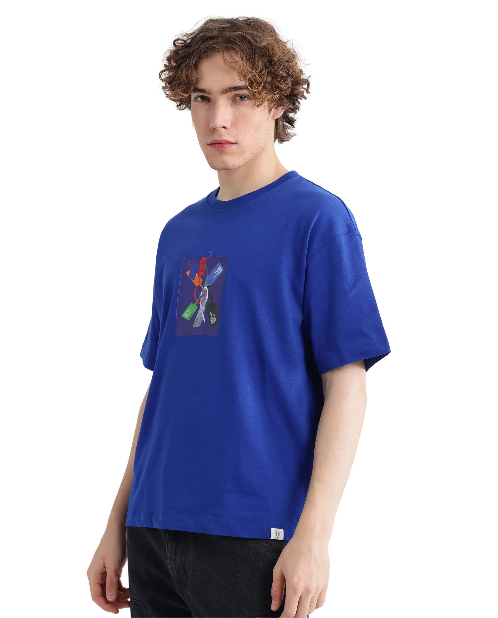Rare Rabbit Men's Just Blue Cotton Graphic Print Boxy Fit Half Sleeve Crew Neck T-Shirt - Image 4
