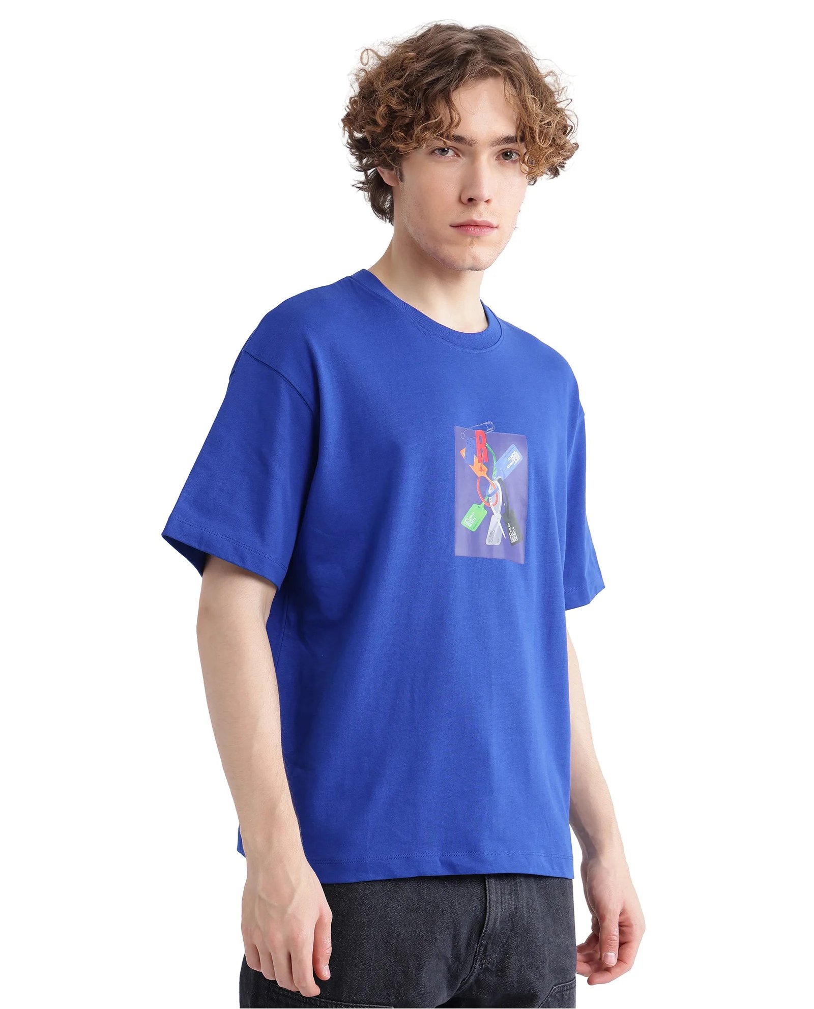Rare Rabbit Men's Just Blue Cotton Graphic Print Boxy Fit Half Sleeve Crew Neck T-Shirt - Image 5