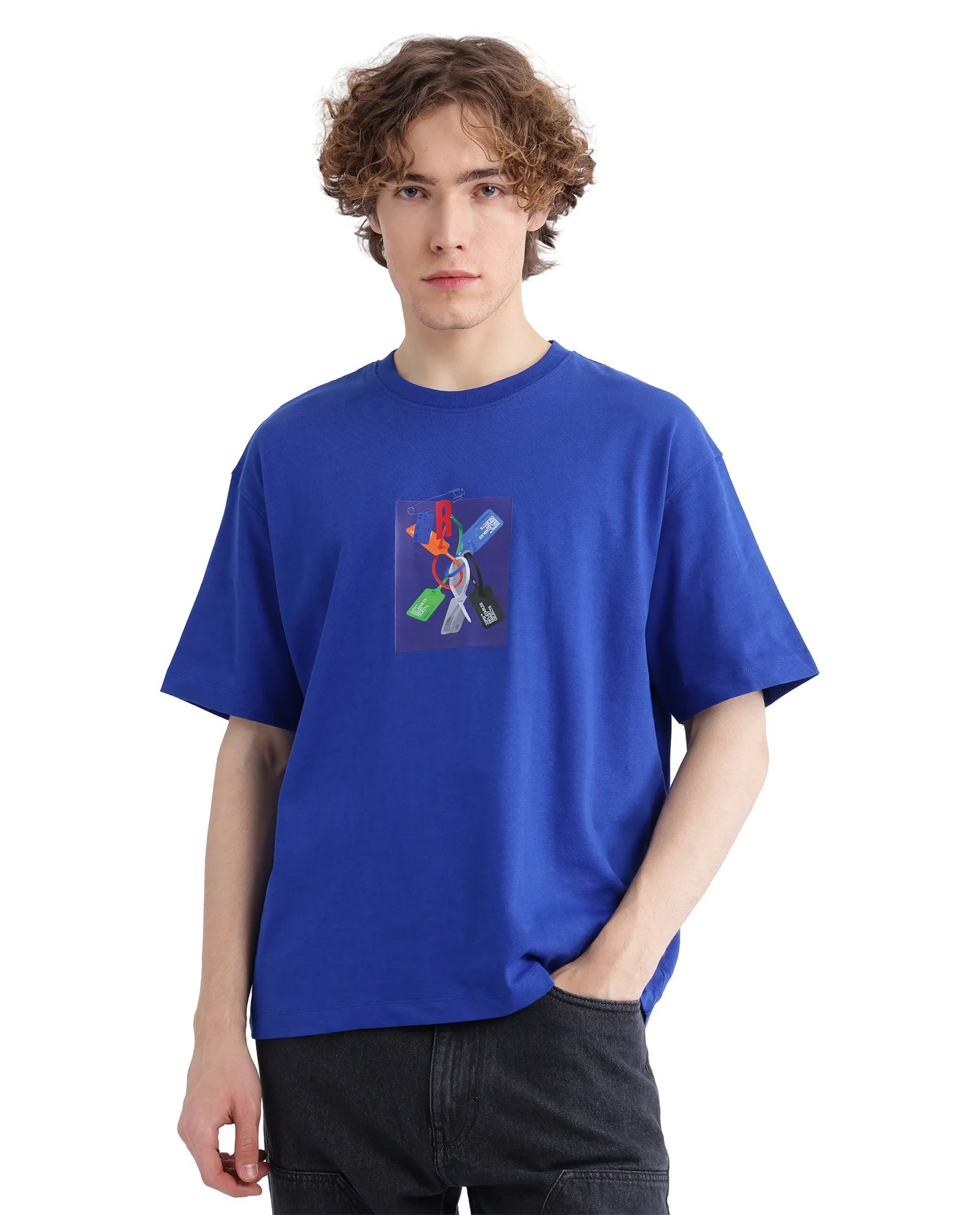 Rare Rabbit Men's Just Blue Cotton Graphic Print Boxy Fit Half Sleeve Crew Neck T-Shirt - Image 2