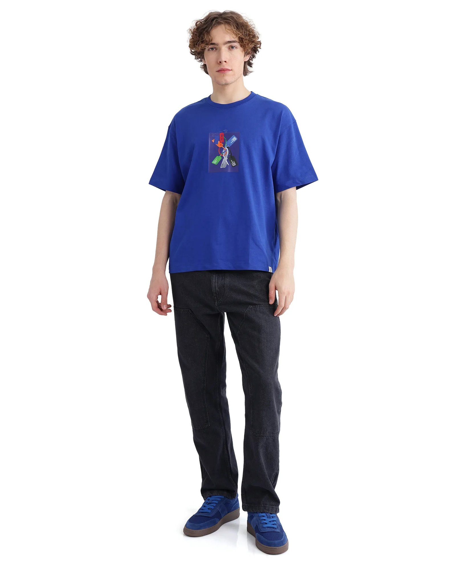 Rare Rabbit Men's Just Blue Cotton Graphic Print Boxy Fit Half Sleeve Crew Neck T-Shirt - Image 3