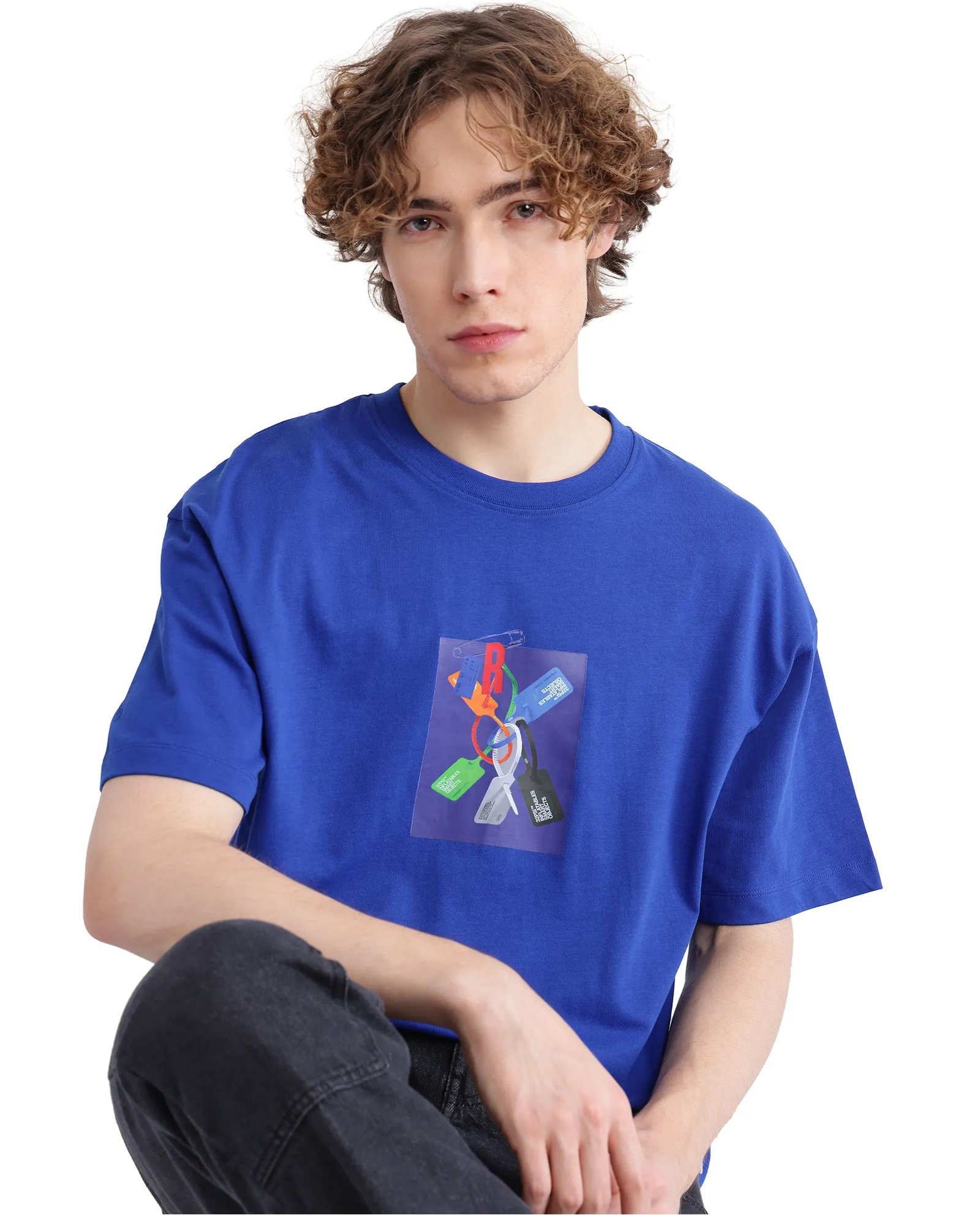 Rare Rabbit Men's Just Blue Cotton Graphic Print Boxy Fit Half Sleeve Crew Neck T-Shirt