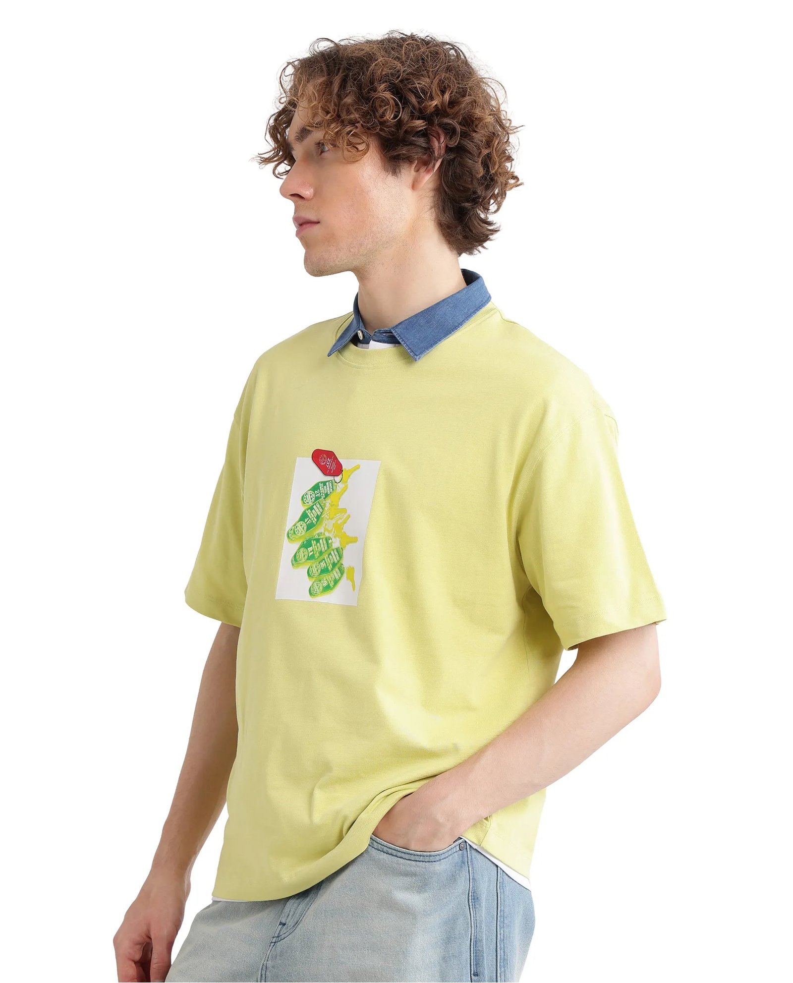 Rare Rabbit Men's Just Light Yellow Cotton Graphic Print Boxy Fit Half Sleeve Crew Neck T-Shirt - Image 2