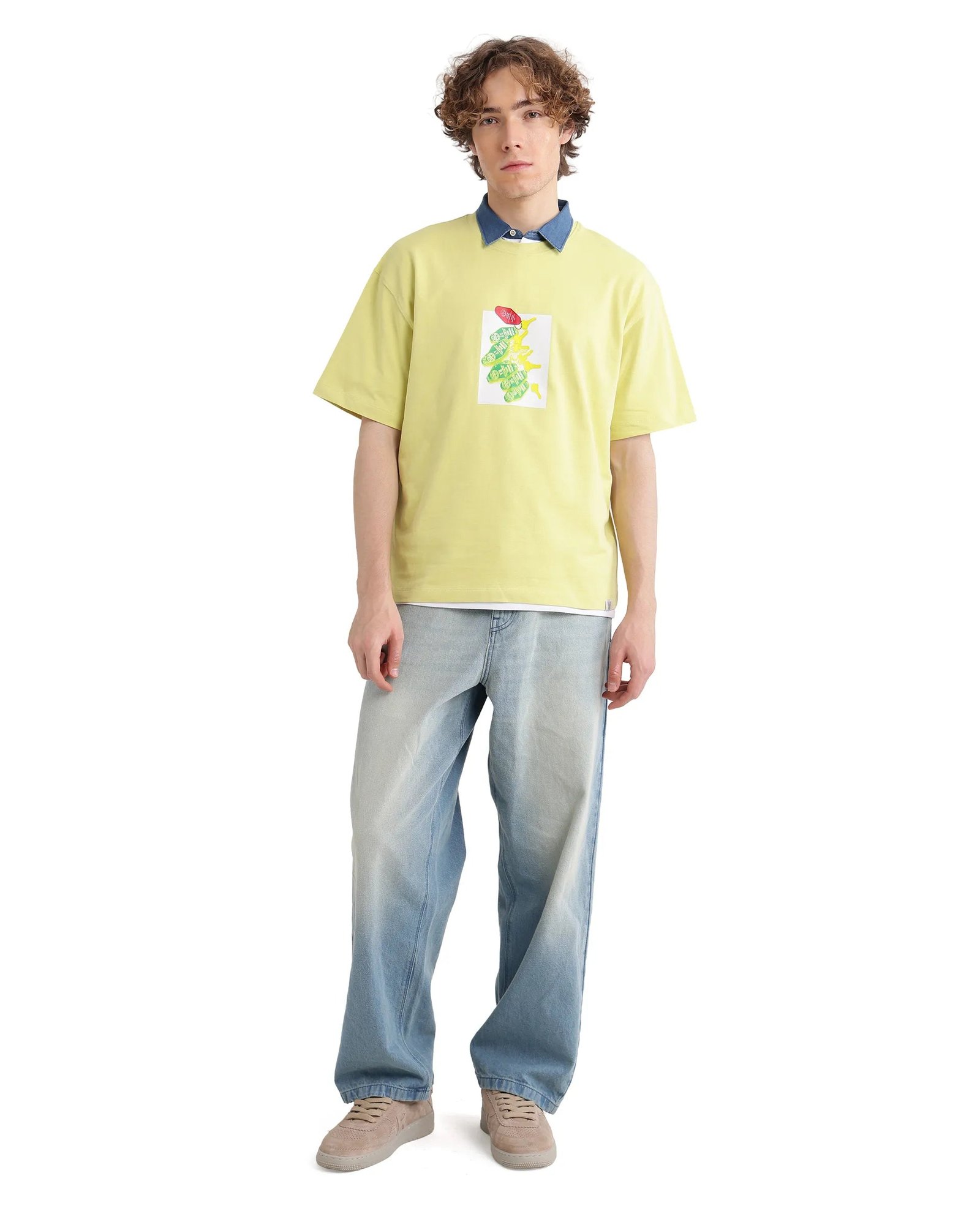 Rare Rabbit Men's Just Light Yellow Cotton Graphic Print Boxy Fit Half Sleeve Crew Neck T-Shirt - Image 3