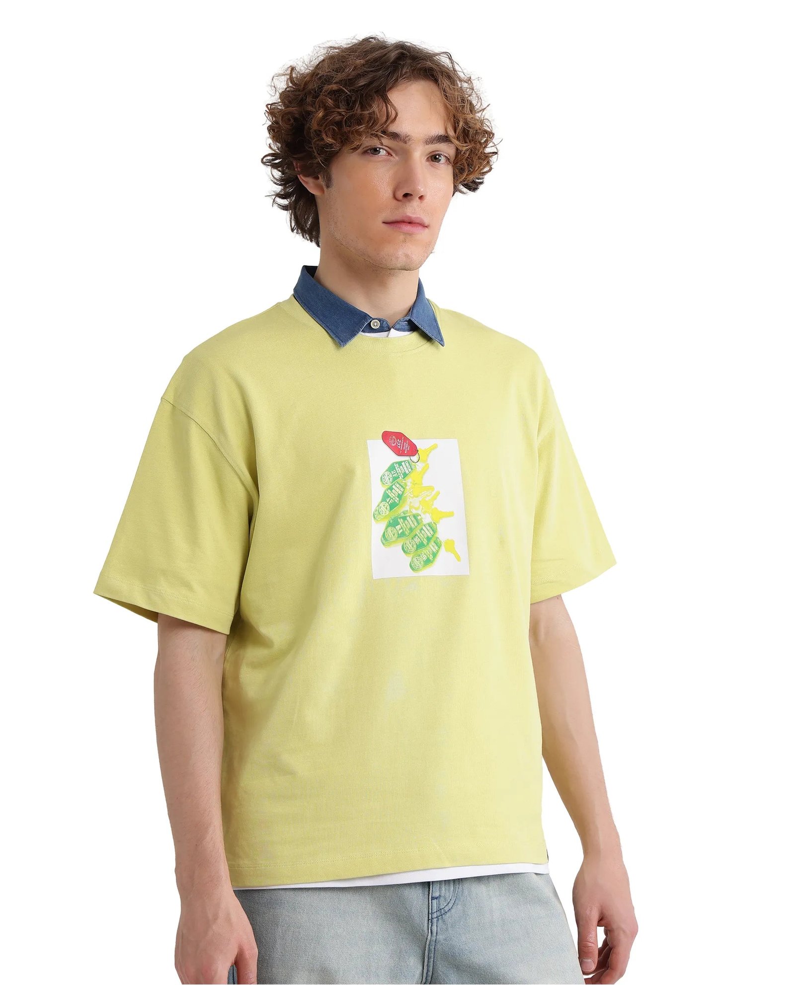 Rare Rabbit Men's Just Light Yellow Cotton Graphic Print Boxy Fit Half Sleeve Crew Neck T-Shirt