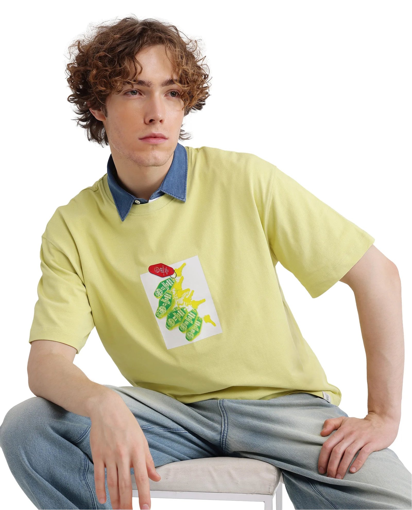 Rare Rabbit Men's Just Light Yellow Cotton Graphic Print Boxy Fit Half Sleeve Crew Neck T-Shirt - Image 7