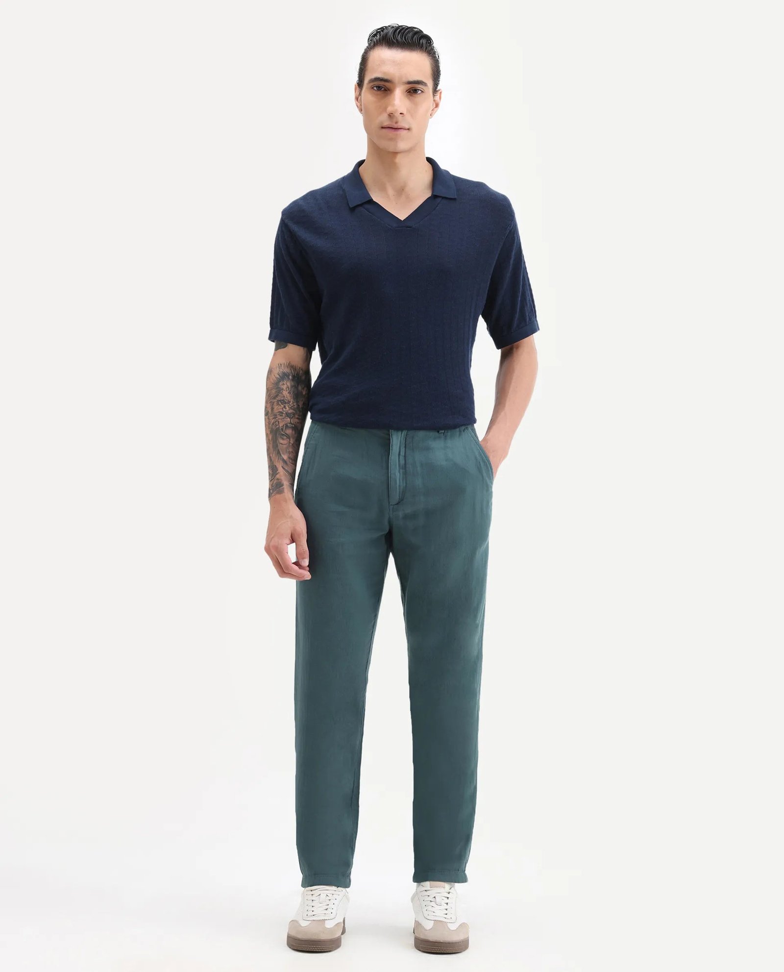 Rare Rabbit Men's Pastor 25 Teal Cotton Plain Regular Fit Trouser - Image 4