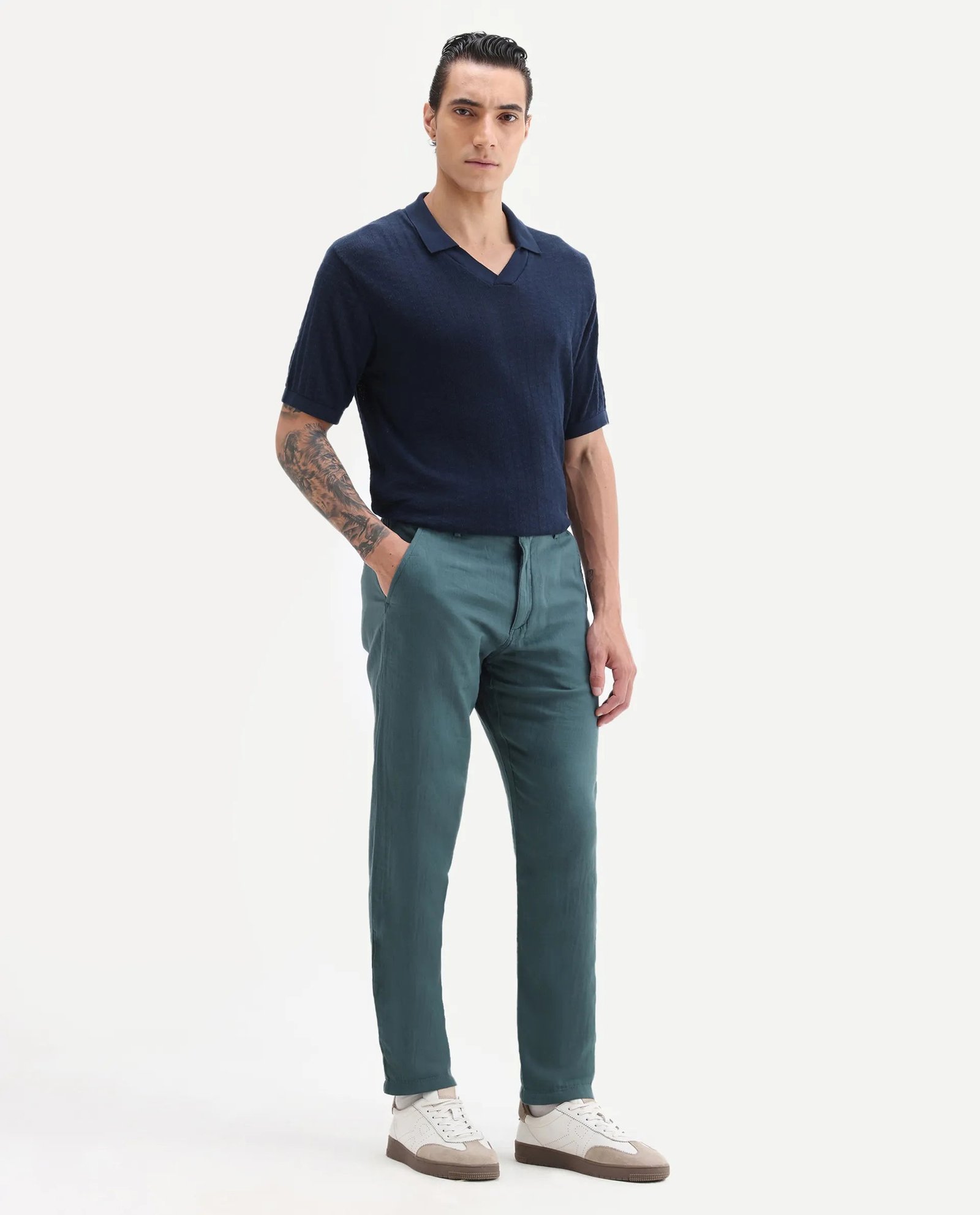 Rare Rabbit Men's Pastor 25 Teal Cotton Plain Regular Fit Trouser - Image 5
