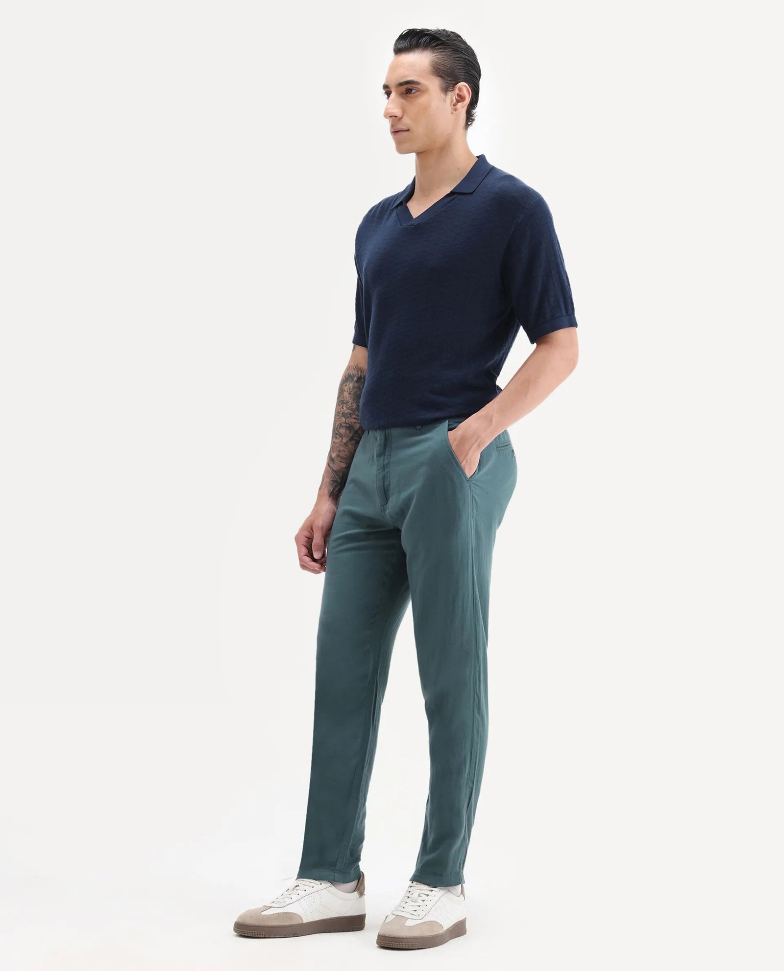 Rare Rabbit Men's Pastor 25 Teal Cotton Plain Regular Fit Trouser - Image 6