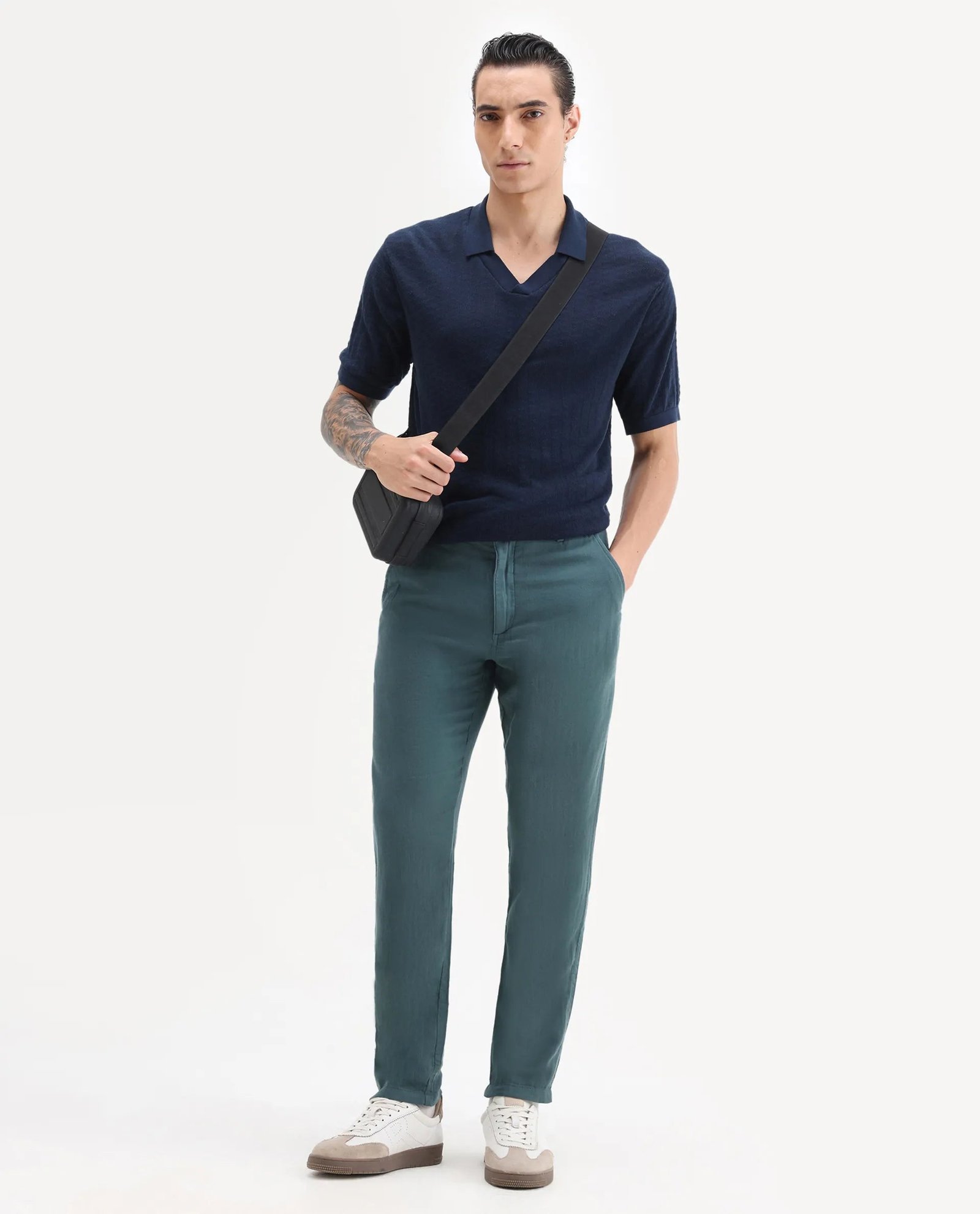 Rare Rabbit Men's Pastor 25 Teal Cotton Plain Regular Fit Trouser