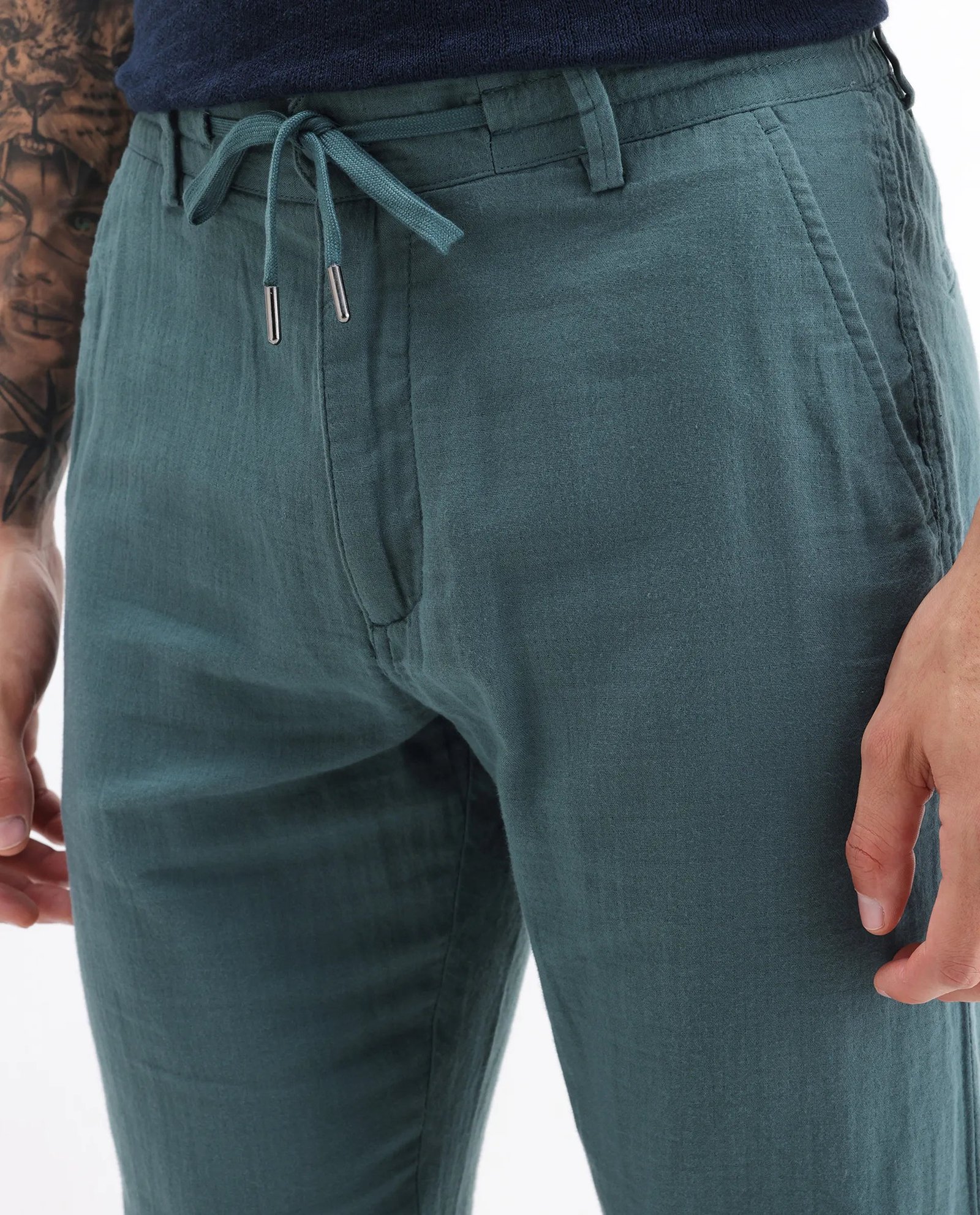 Rare Rabbit Men's Pastor 25 Teal Cotton Plain Regular Fit Trouser - Image 3