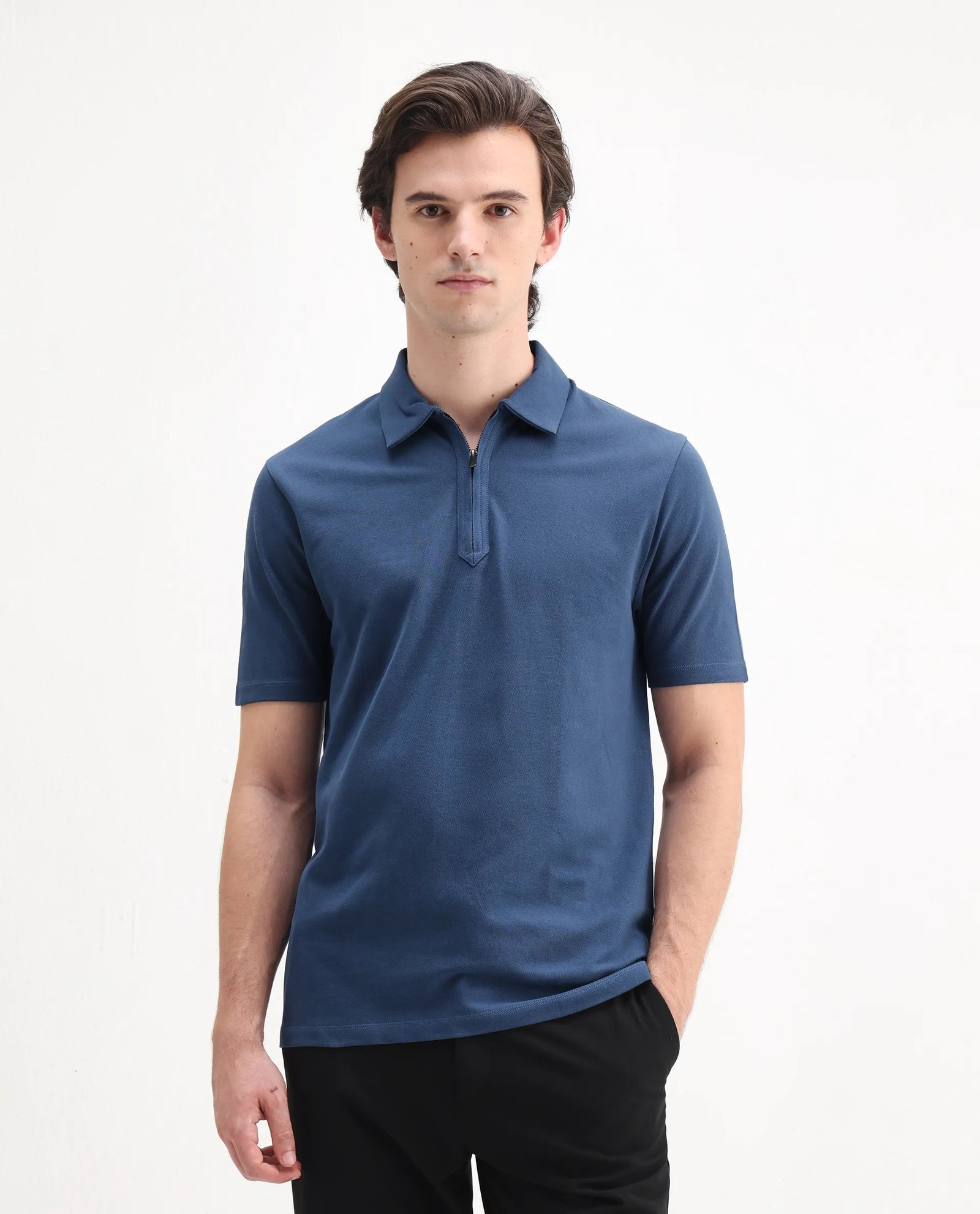 Rare Rabbit Men's Ski Blue Cotton Plain Regular Fit Half Sleeve Polo - Image 4