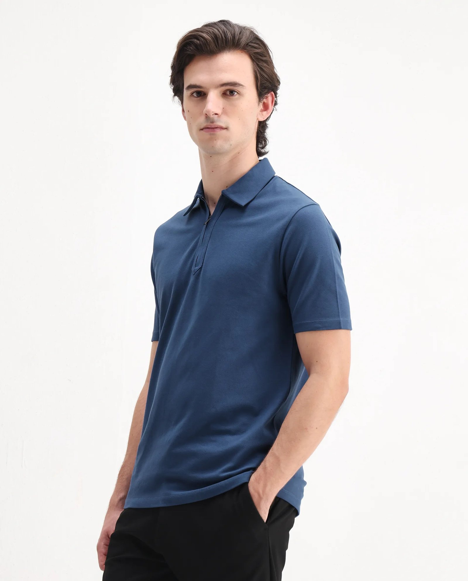 Rare Rabbit Men's Ski Blue Cotton Plain Regular Fit Half Sleeve Polo - Image 5