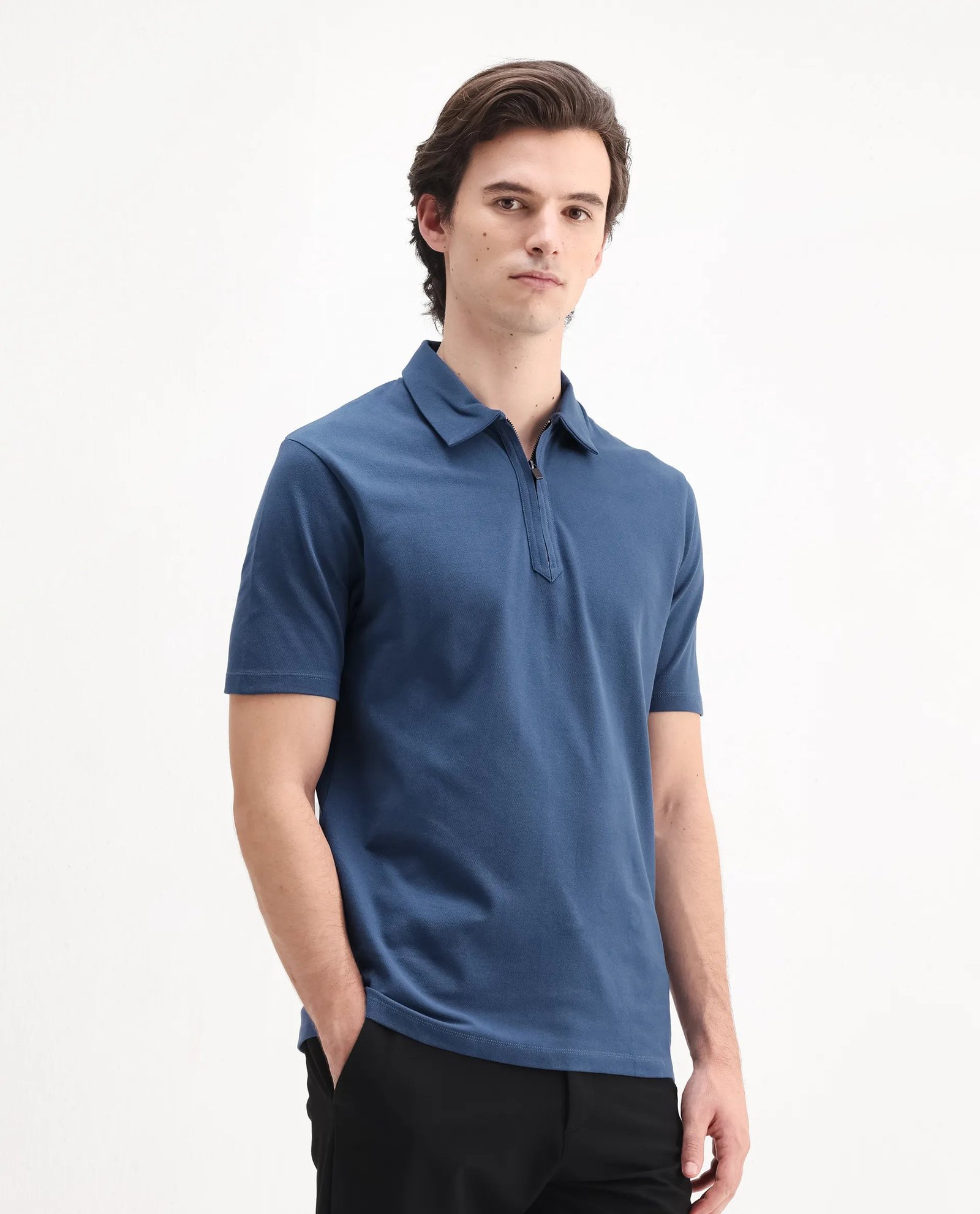 Rare Rabbit Men's Ski Blue Cotton Plain Regular Fit Half Sleeve Polo - Image 6