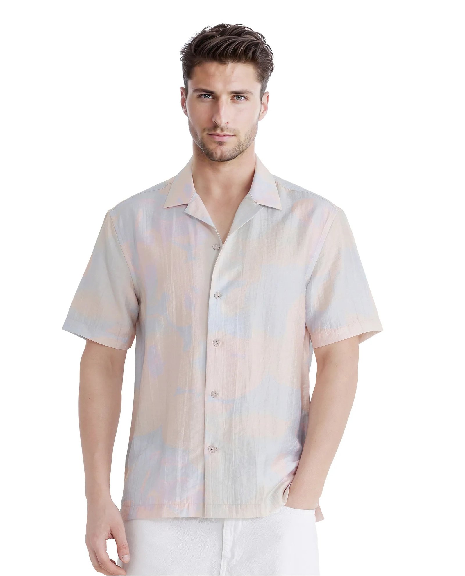 Rare Rabbit Men's Tugi Blue Tencel Abstract Print Boxy Fit Half Sleeve Cuban Collar Shirt