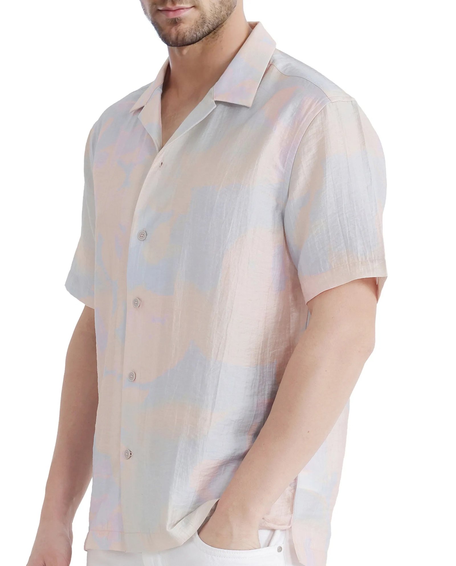 Rare Rabbit Men's Tugi Blue Tencel Abstract Print Boxy Fit Half Sleeve Cuban Collar Shirt - Image 3