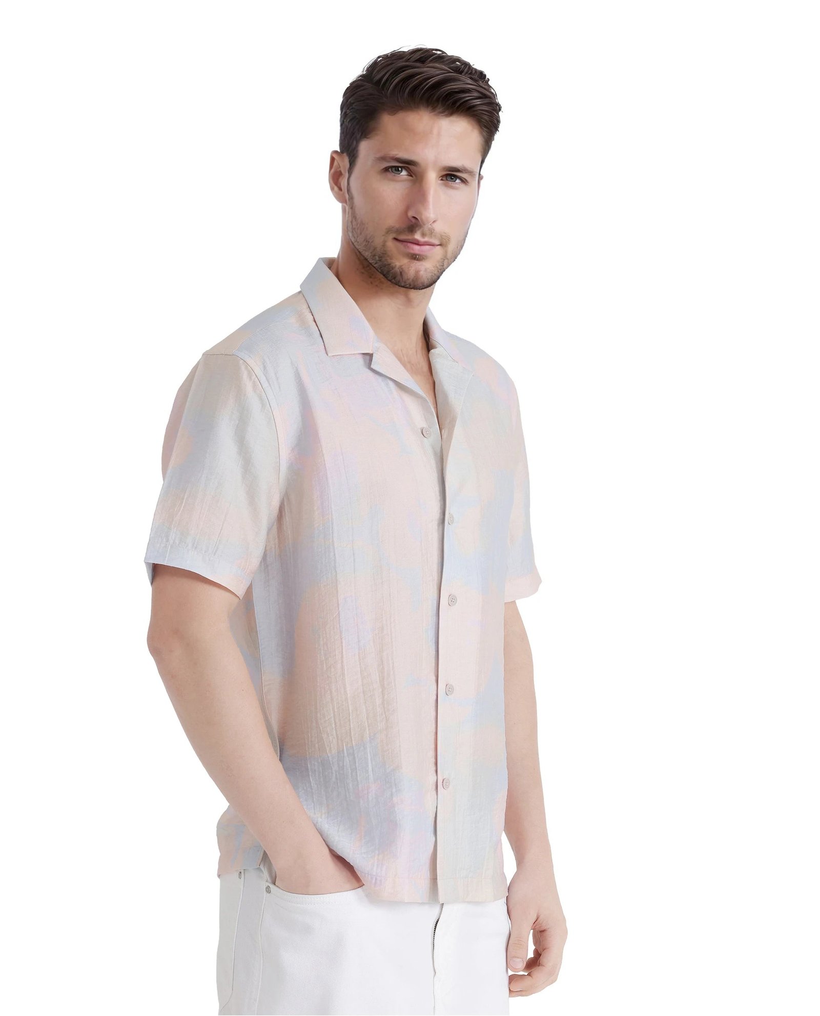 Rare Rabbit Men's Tugi Blue Tencel Abstract Print Boxy Fit Half Sleeve Cuban Collar Shirt - Image 6