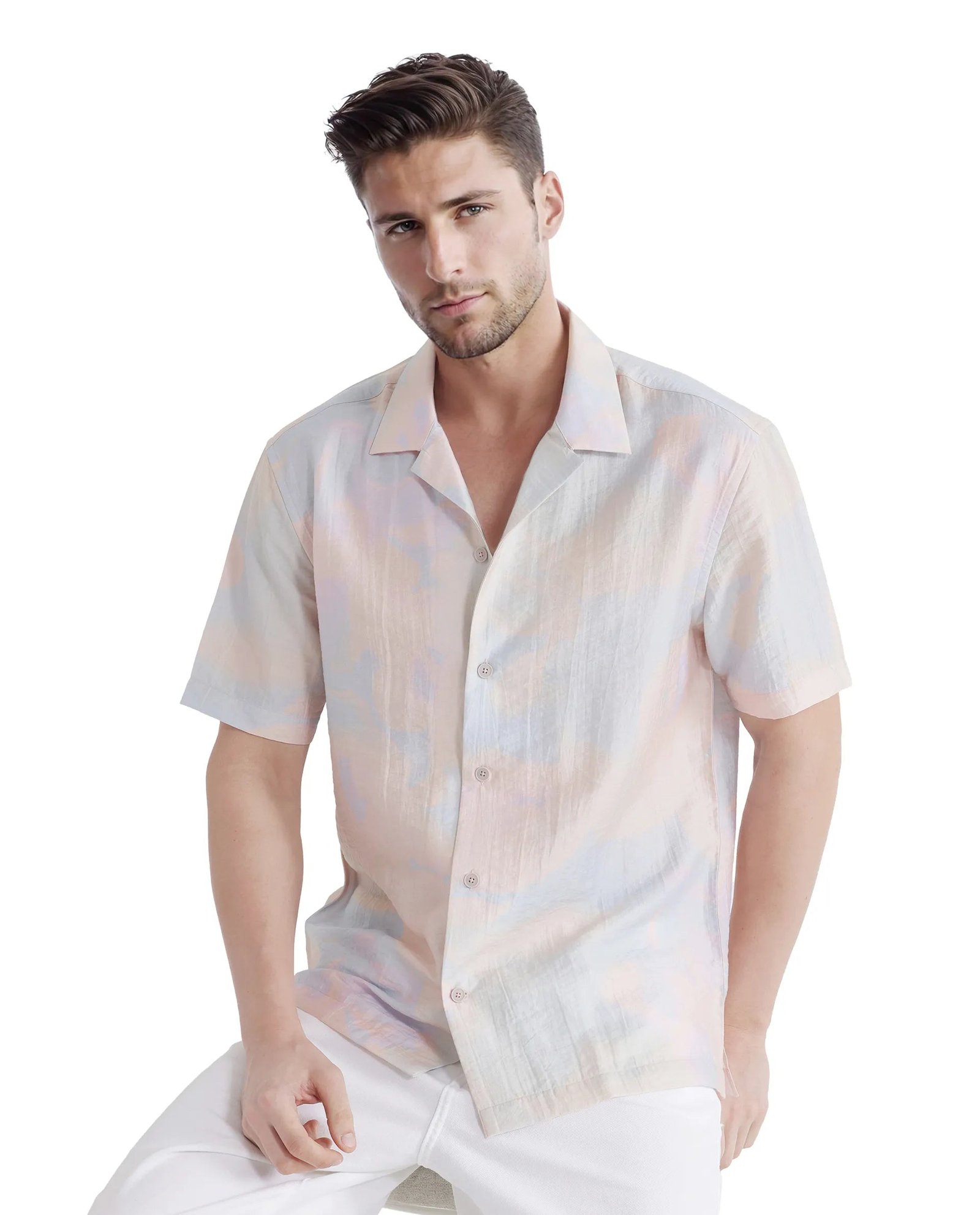 Rare Rabbit Men's Tugi Blue Tencel Abstract Print Boxy Fit Half Sleeve Cuban Collar Shirt - Image 8