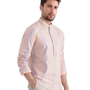 Rare Rabbit Men's Vale Light Orange Cotton Striped Print Regular Fit Full Sleeve Mandarin Collar Shirt