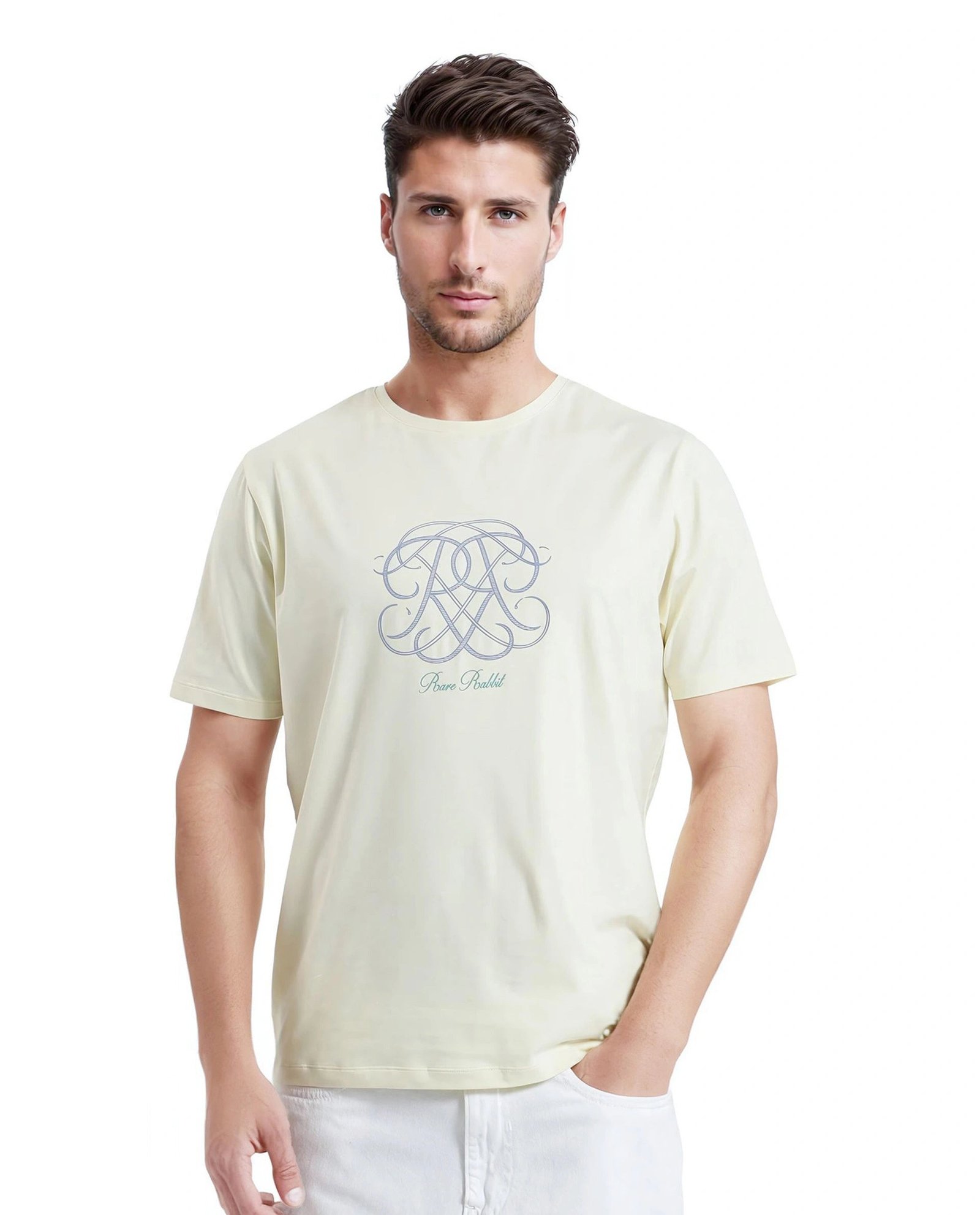 Rare Rabbit Men's Wrax Pastel Yellow Cotton Graphic Print Regular Fit Half Sleeve Crew Neck T-Shirt