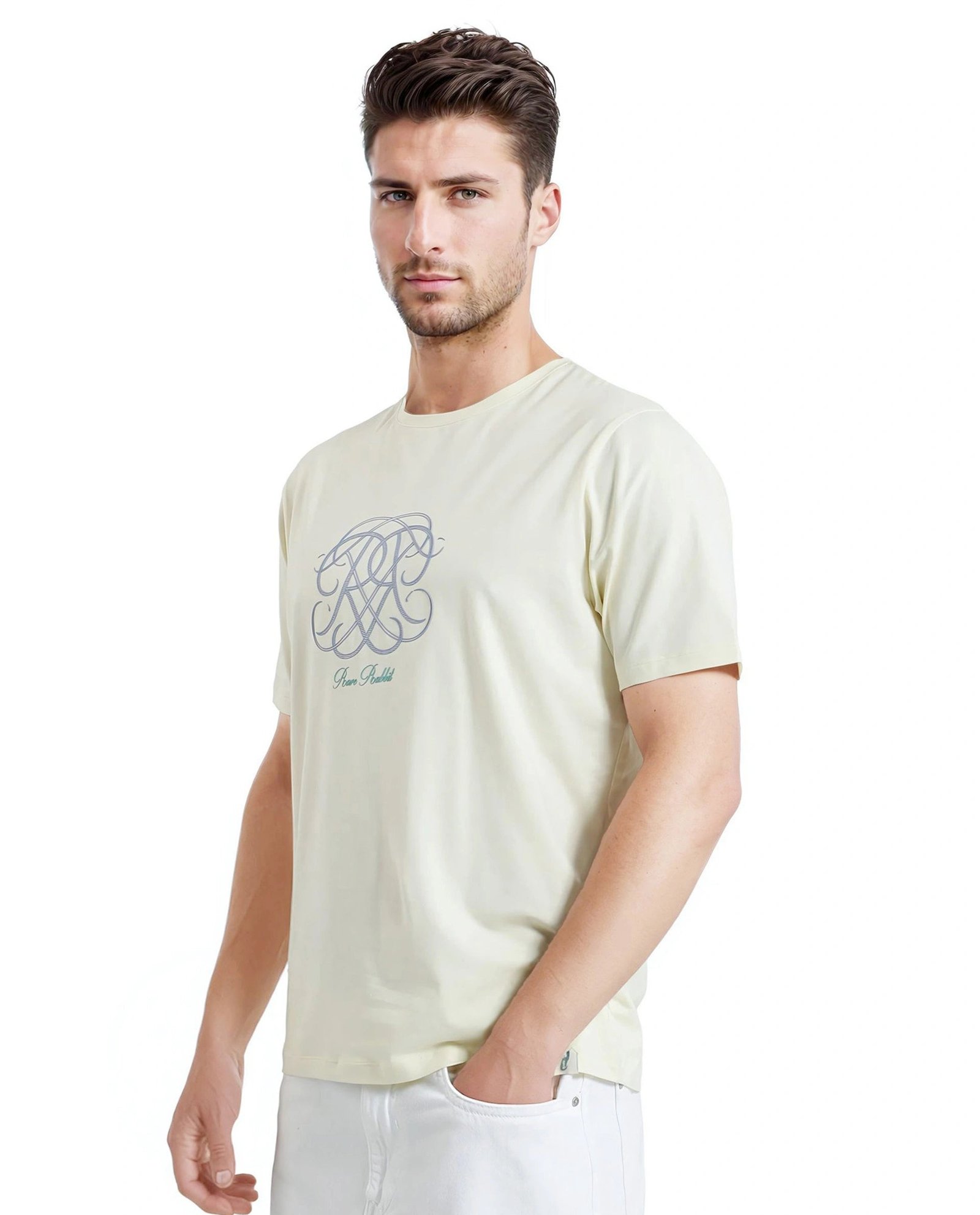 Rare Rabbit Men's Wrax Pastel Yellow Cotton Graphic Print Regular Fit Half Sleeve Crew Neck T-Shirt - Image 5