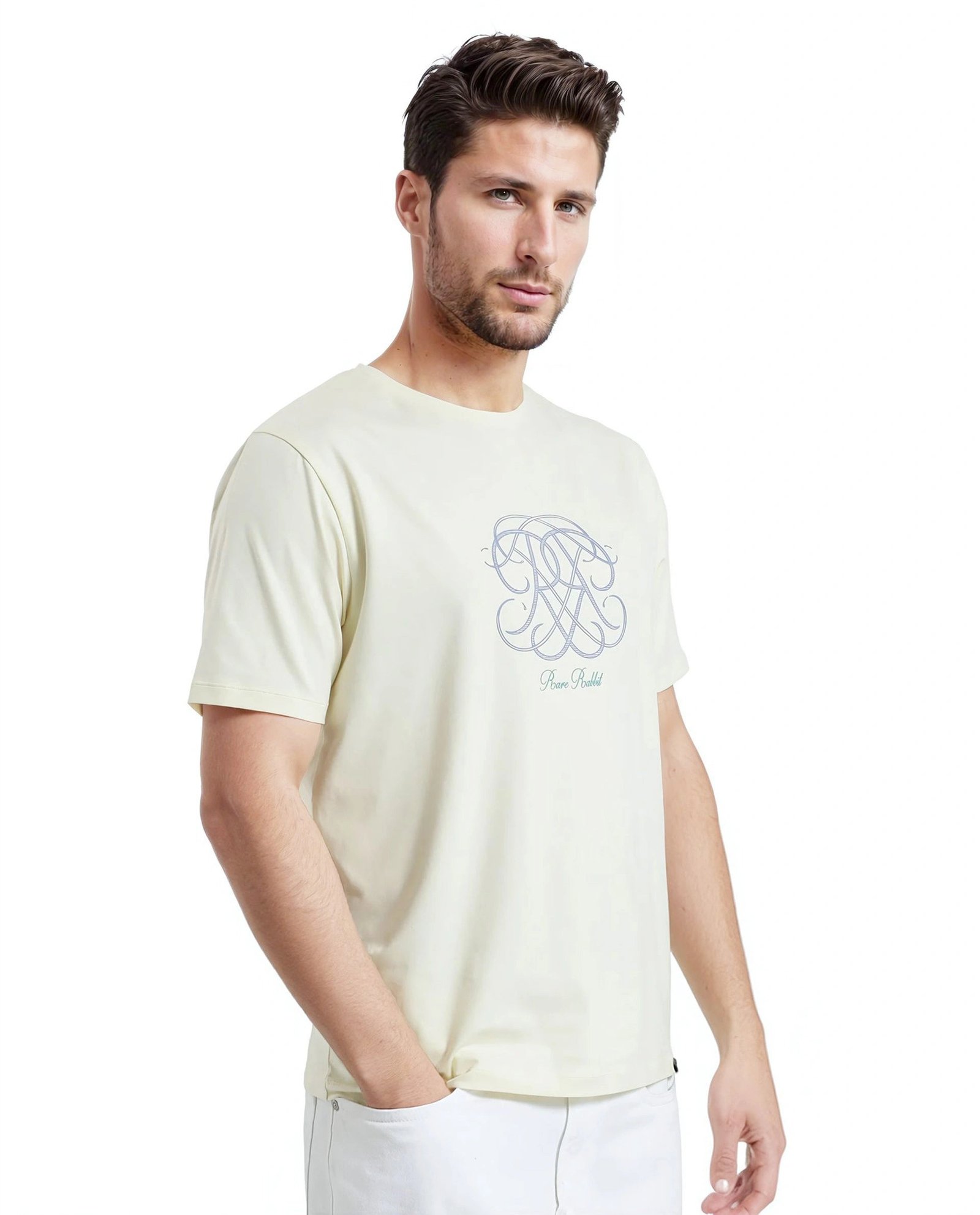 Rare Rabbit Men's Wrax Pastel Yellow Cotton Graphic Print Regular Fit Half Sleeve Crew Neck T-Shirt - Image 6