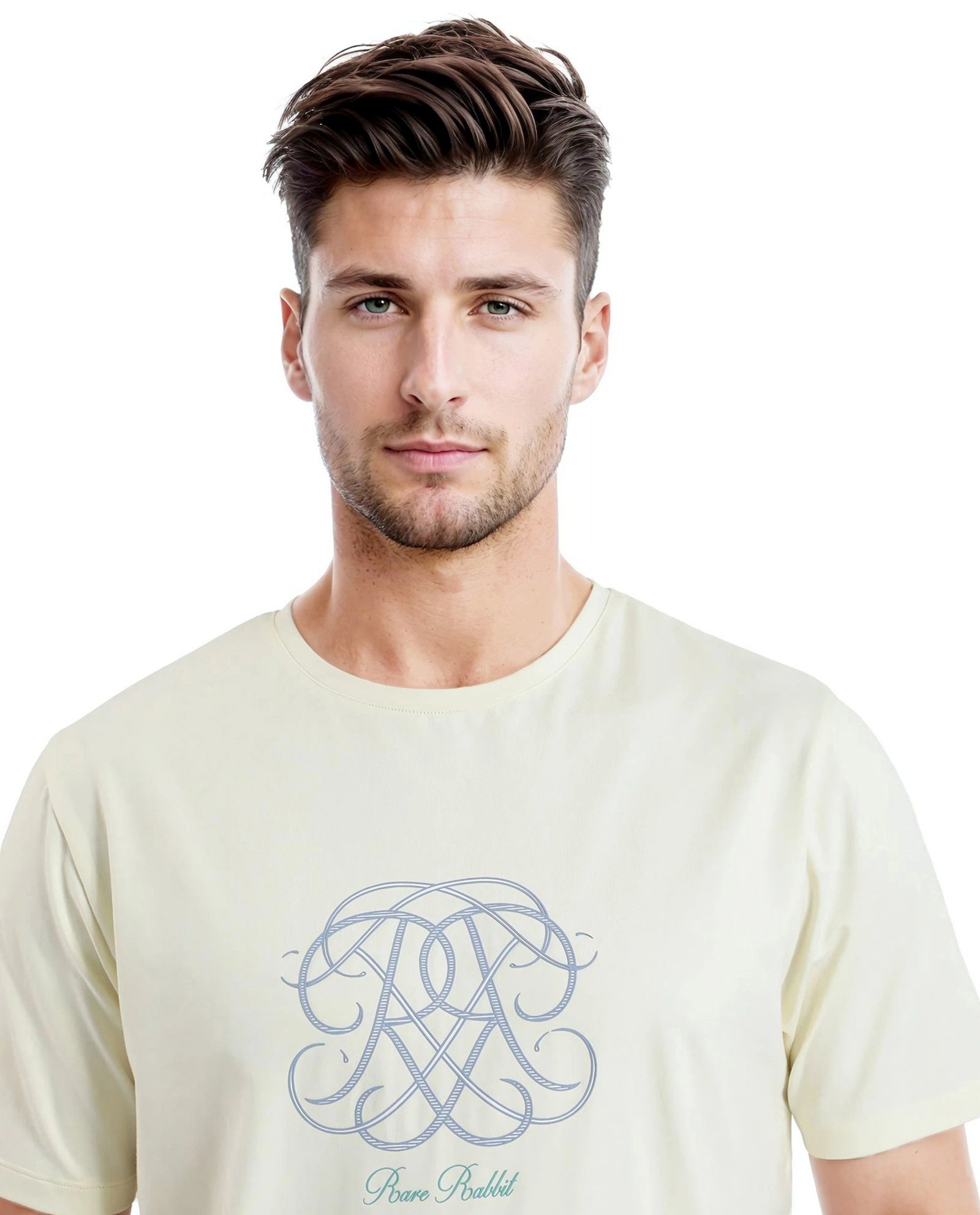 Rare Rabbit Men's Wrax Pastel Yellow Cotton Graphic Print Regular Fit Half Sleeve Crew Neck T-Shirt - Image 2